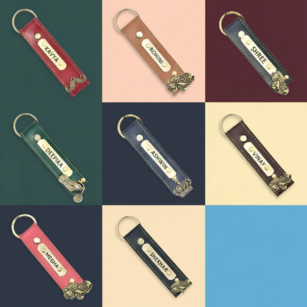 Personalized Blue Leather Keychain – Handcrafted Custom Engraved Gift