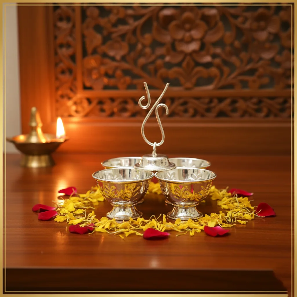 VPH Gift Store German Silver 4-Cup Panchwala Set for Mandir and Home Decor