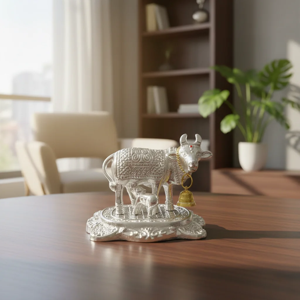 VPH Gift Store Ethnic German Silver Cow and Calf Figurines Set of 2 for Mandir