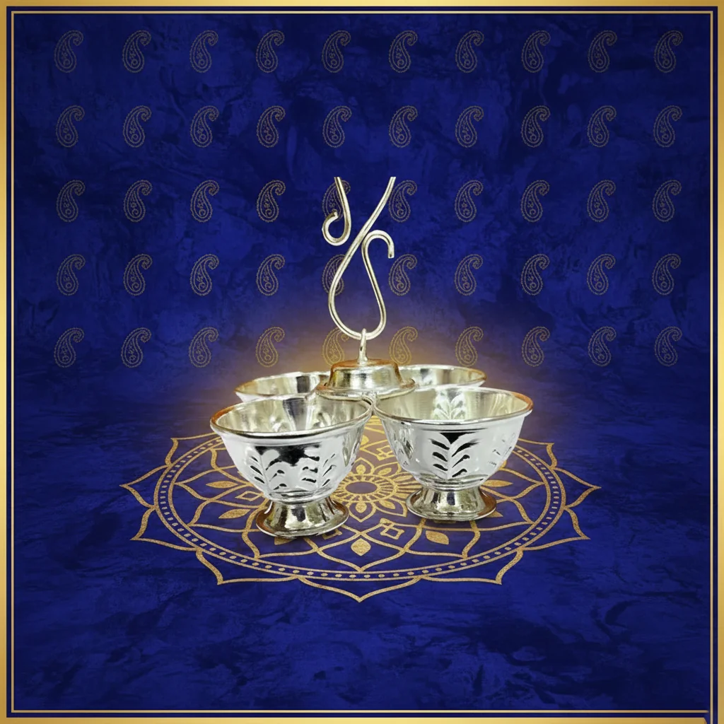 V Gifts German Silver 4-Cup Panchwala Set for Home Worship and Gifting