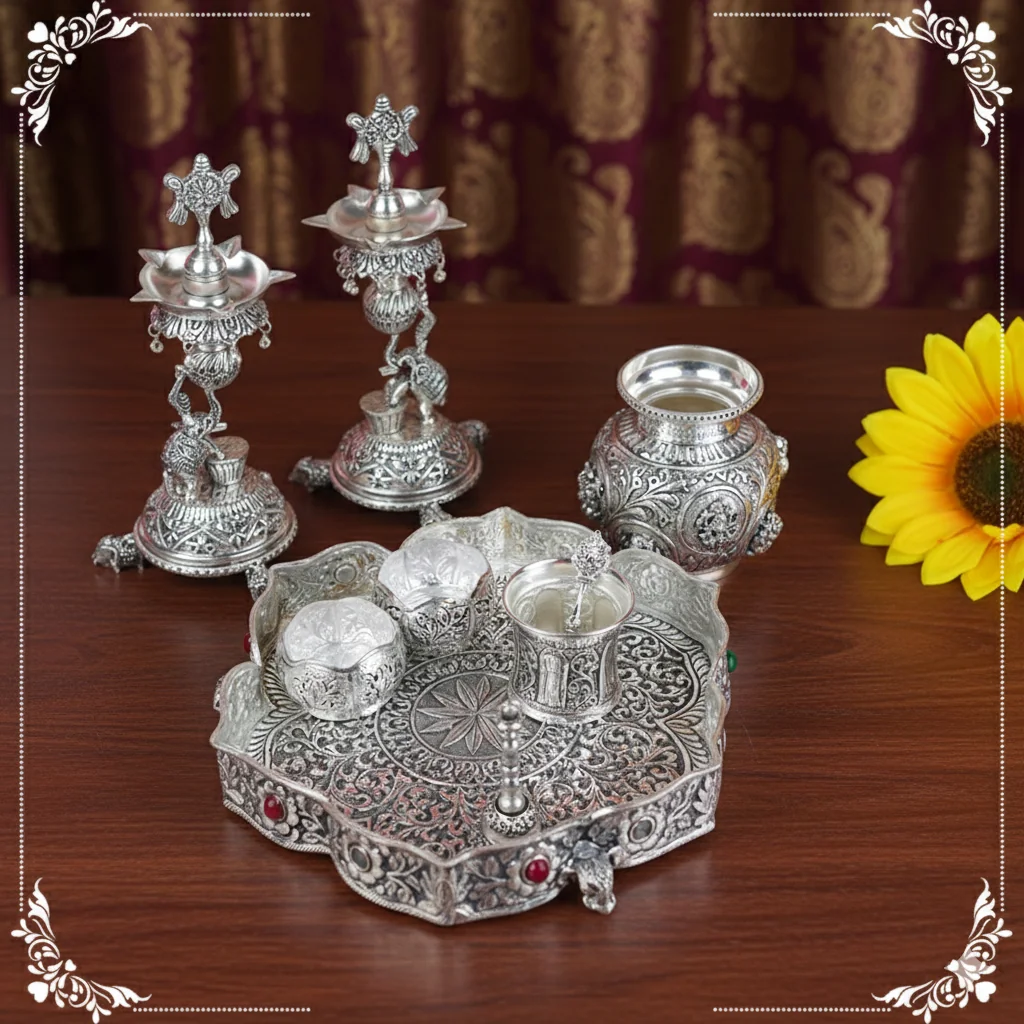 VPH Gift Store Premium German Silver Pooja Thali Antique Decorative Items