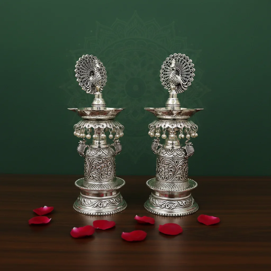VPH Gift Store Premium Handcrafted German Silver 11 Inch Antique Diyas