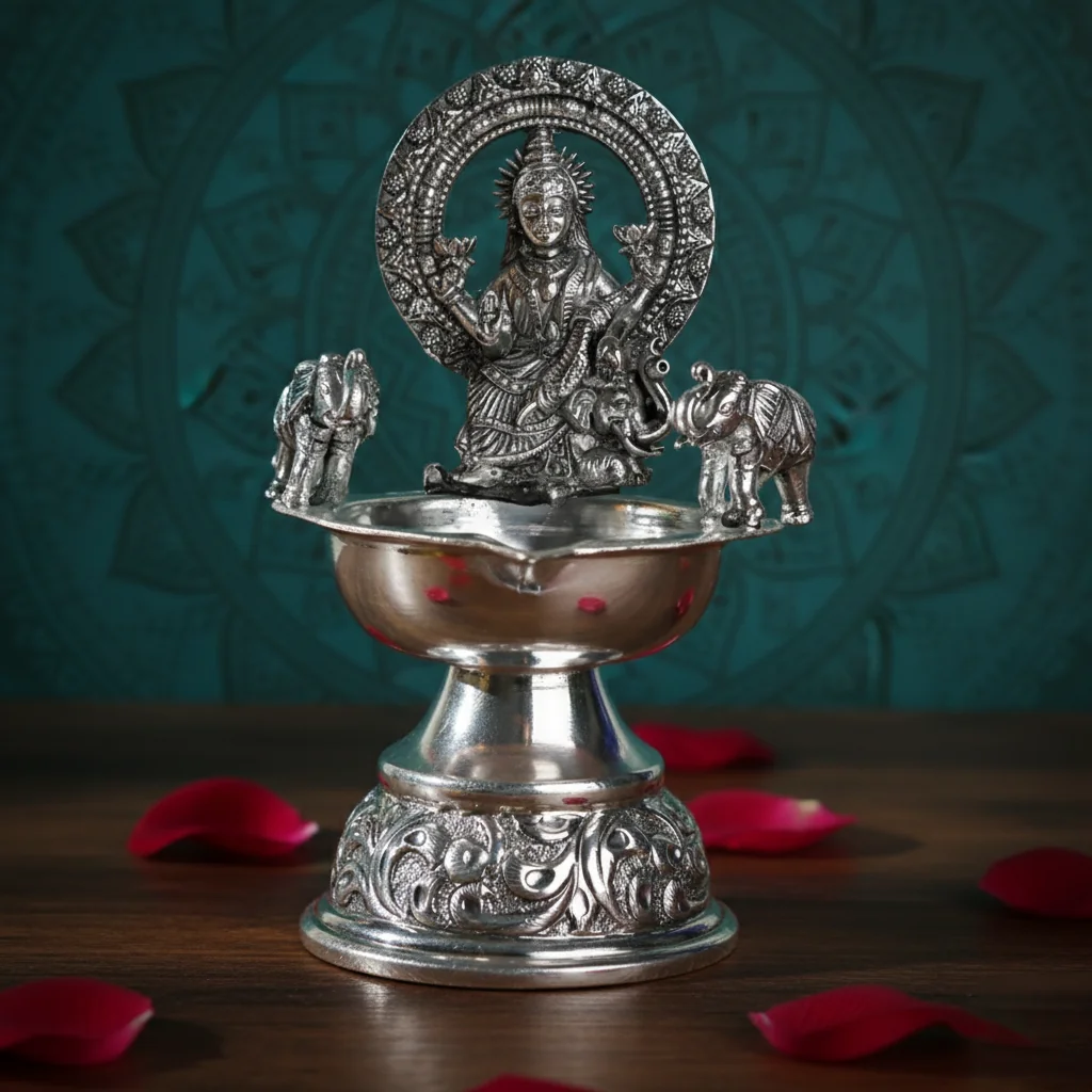 VPH Gift Store Antique German Silver Kamakshi Deepam Decorative Religious Lamp