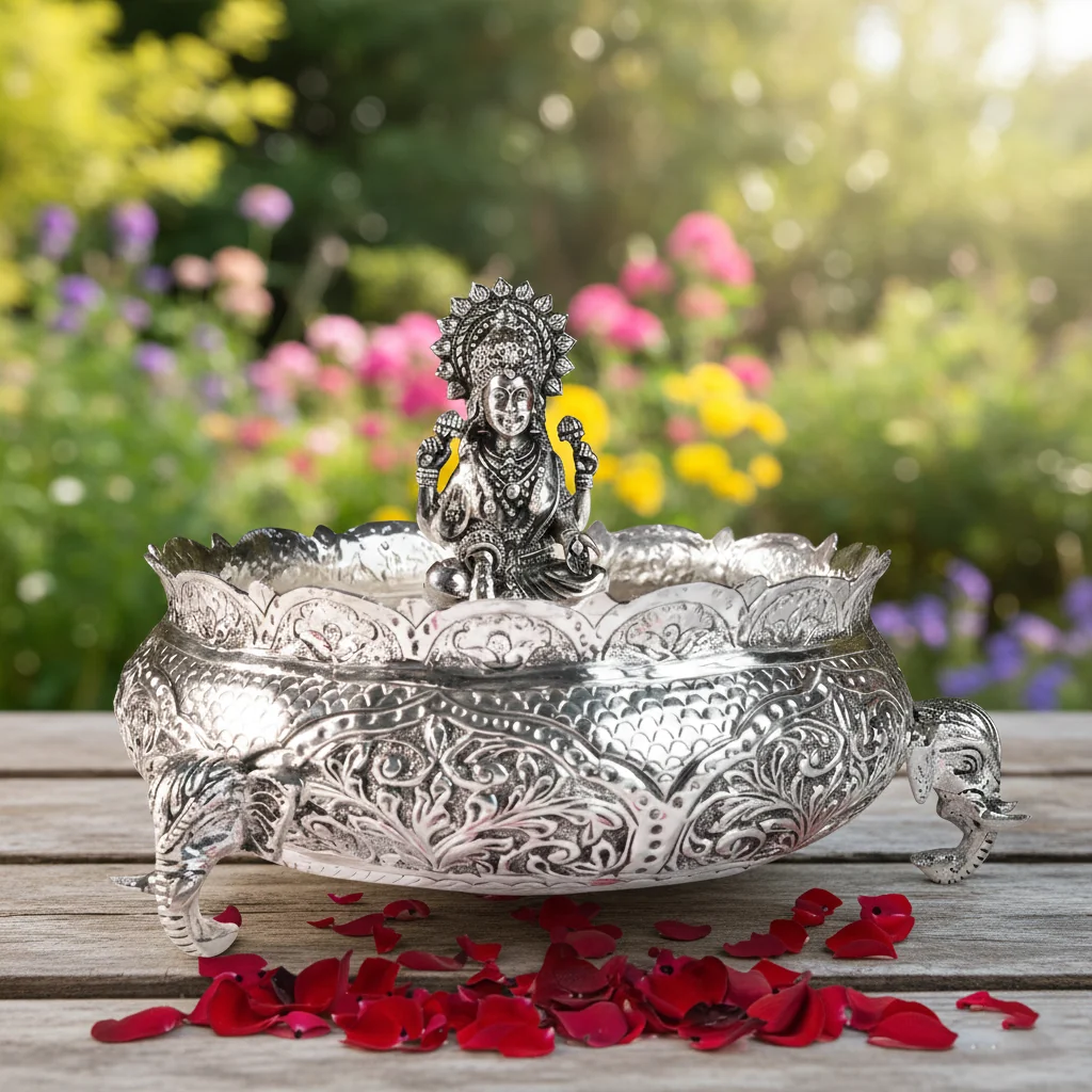 VPH Gift Store Premium German Silver Lakshmi Devi Idol with Decorative Bowl