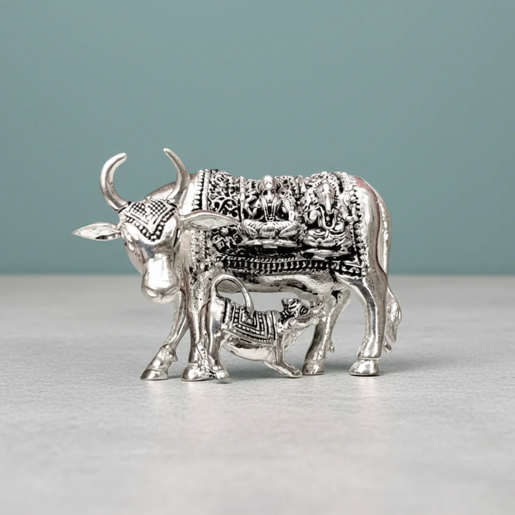 VPH Gift Store Premium German Silver Cow and Calf Sculpture for Religious Settings