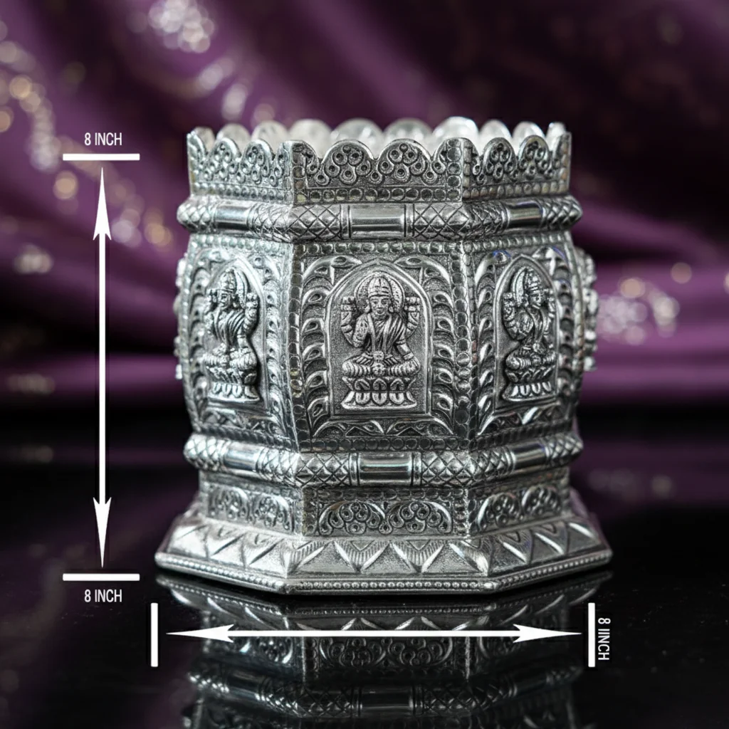 VPH Gift Store German Silver 8 Inch Antique Tulasi Pot Classic Design for Sacred Tulsi Plant Care