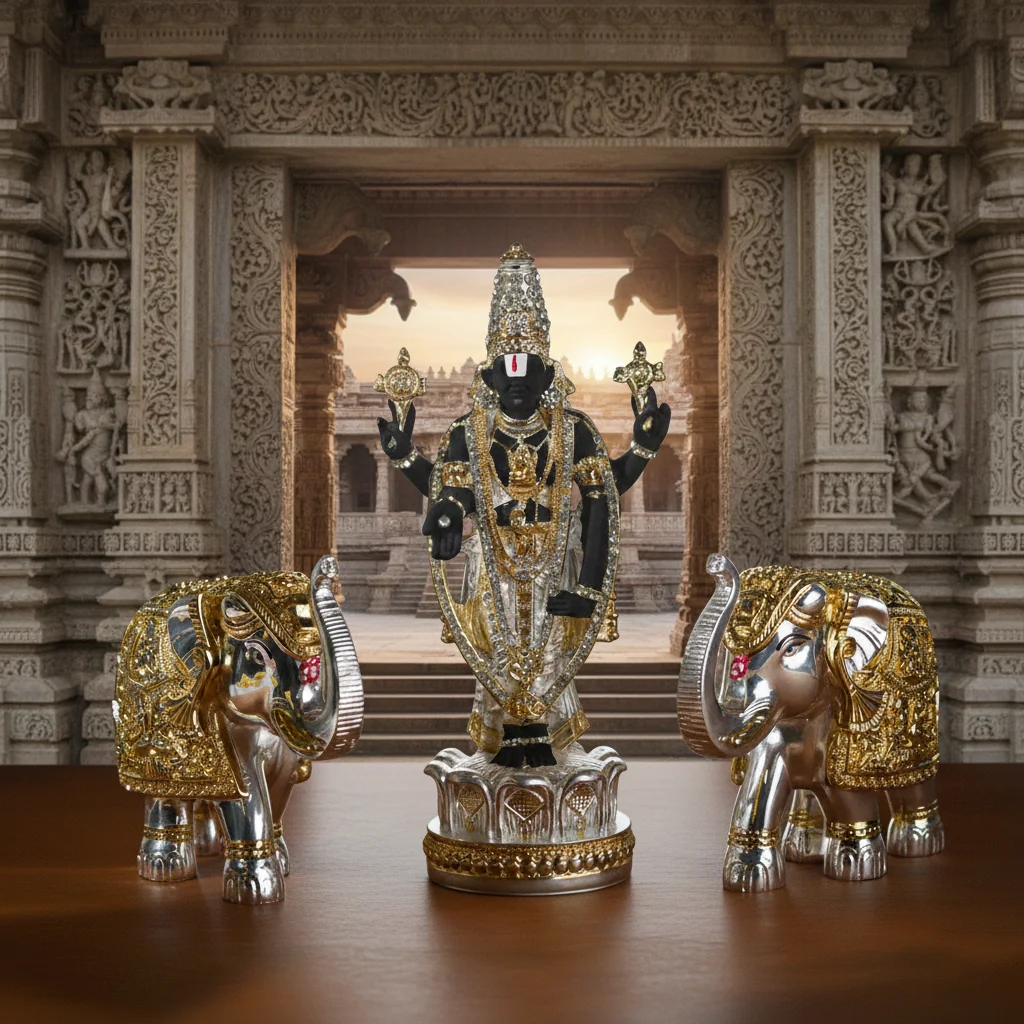 Value Gifts Elegant 8 Inch Balaji Idol & Elephant Set in Premium German Silver