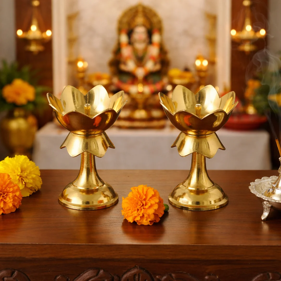 Traditional Brass Lotus Stand Diya Set for Pooja