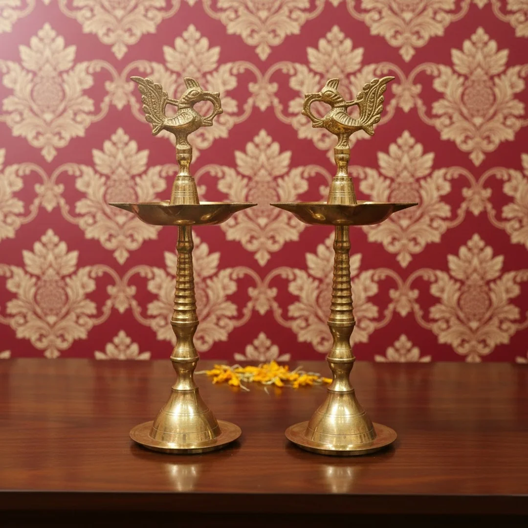 Traditional Brass Diya with Elevated Stand Set for Worship