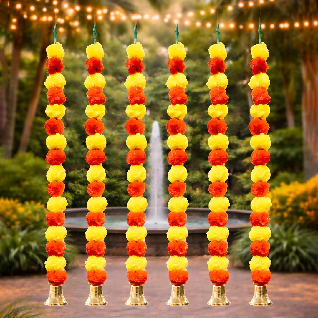 Sri Yagnaa Orange and Yellow Artificial Flower Garland Set (6 Pack)