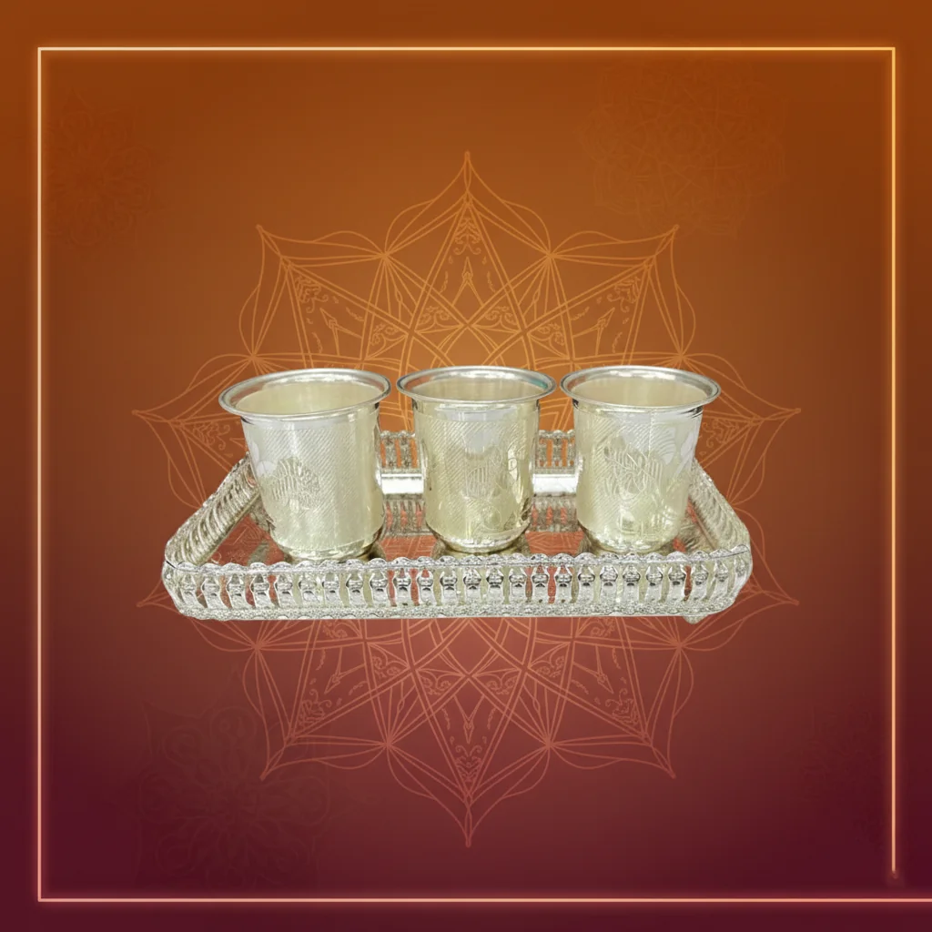 Value Gifts German Silver 3 Glasses & Tray Set for Pooja and Rituals