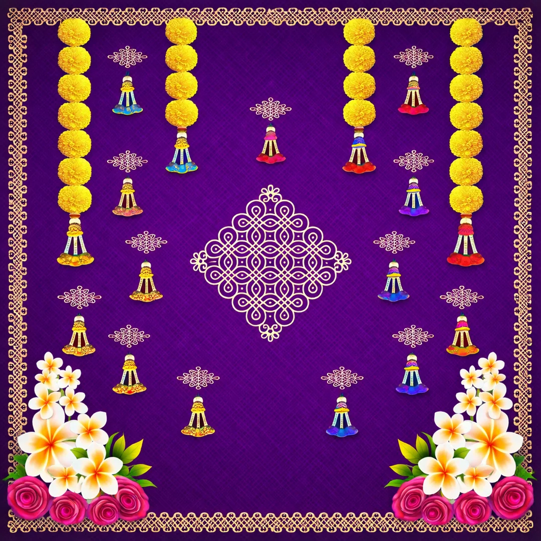 Sri Yagnaa Green Muggu Backdrop with Yellow Floral Hangings (5x8 Ft) for Spiritual & Event Use