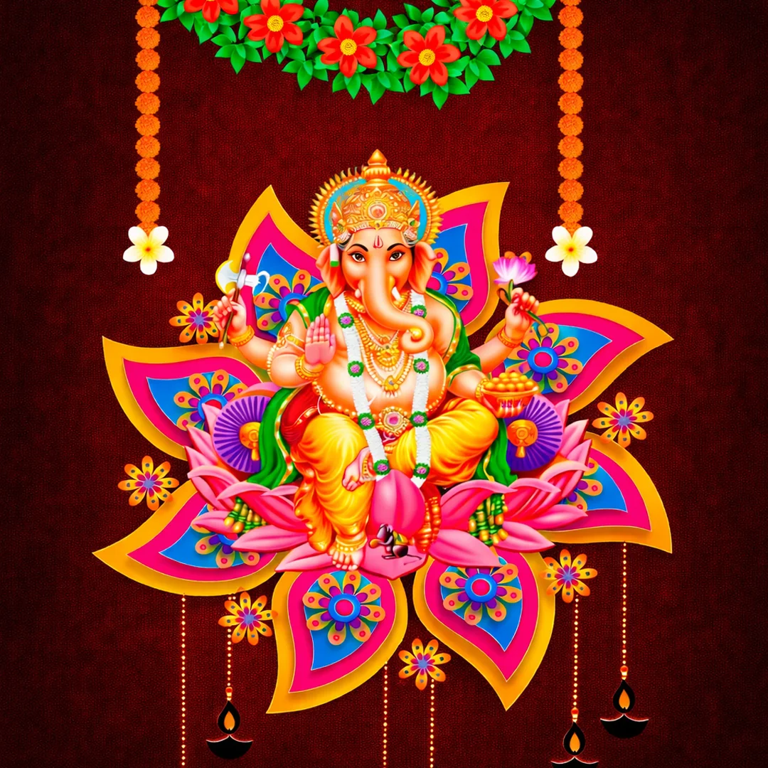 Sri Yagnaa Yellow Ganesh Backdrop with Flower Designs (5x8 Ft) for Festivals & Pooja