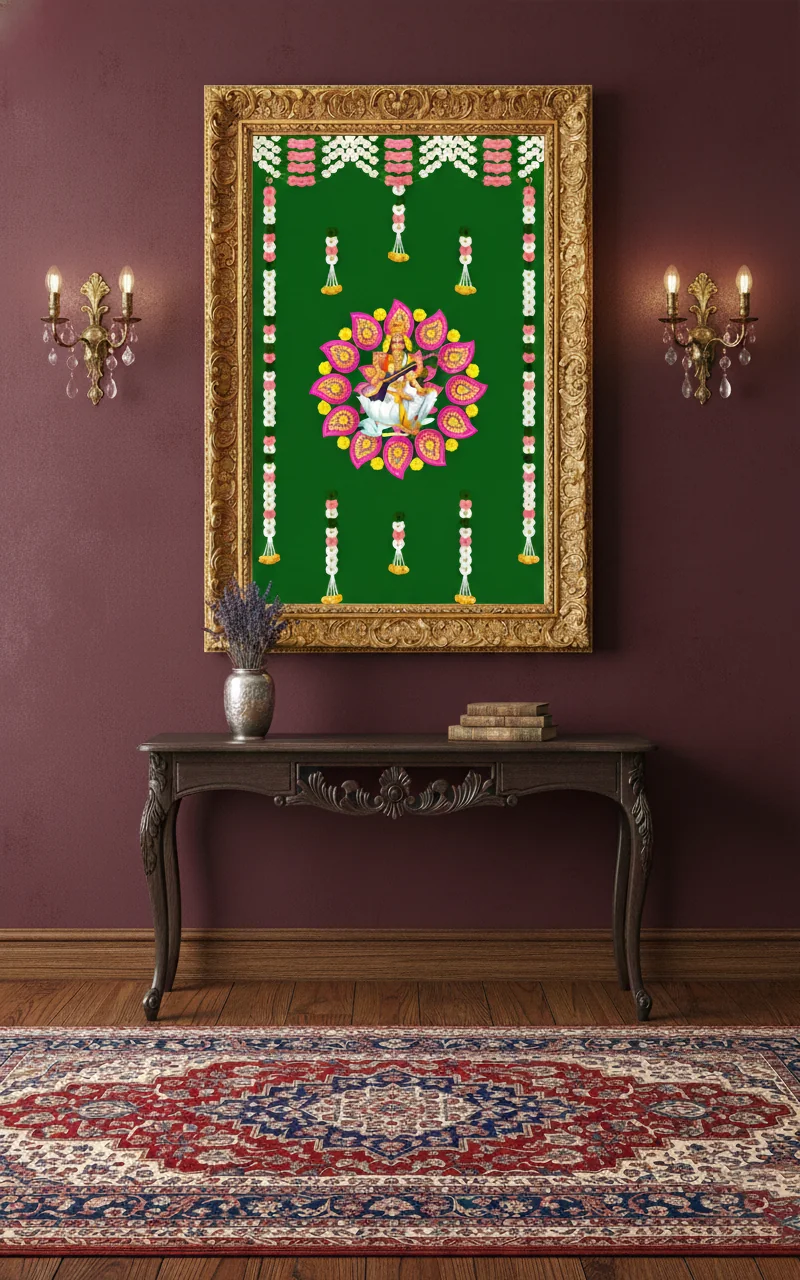 Sri Yagnaa Green Saraswathi & Flower Design Backdrop (5x8 Ft) for Spiritual Events