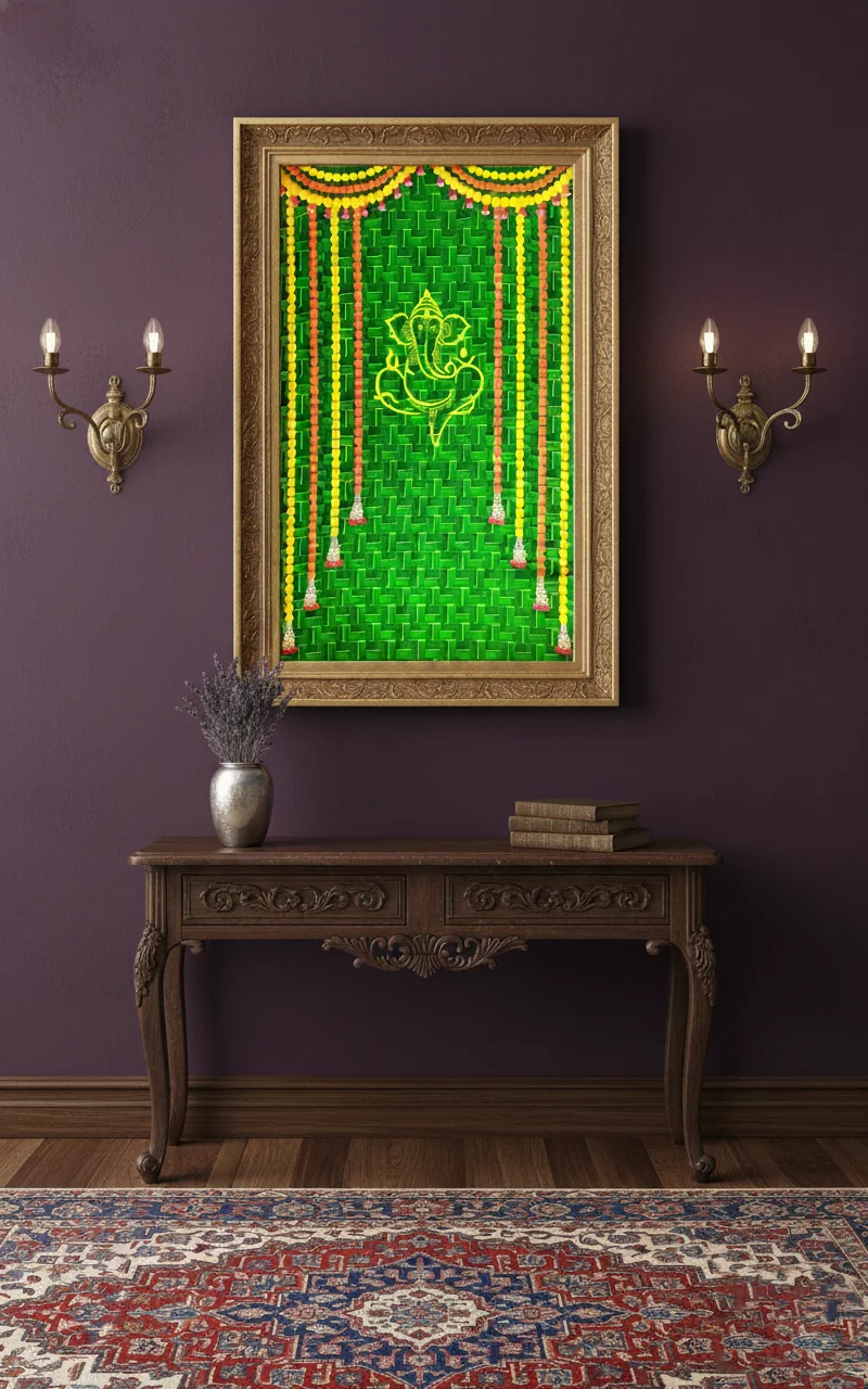 Sri Yagnaa Elegant Ganesh Design on Green Coconut Leaf with Marigold Flowers Backdrop (5x8 Ft)
