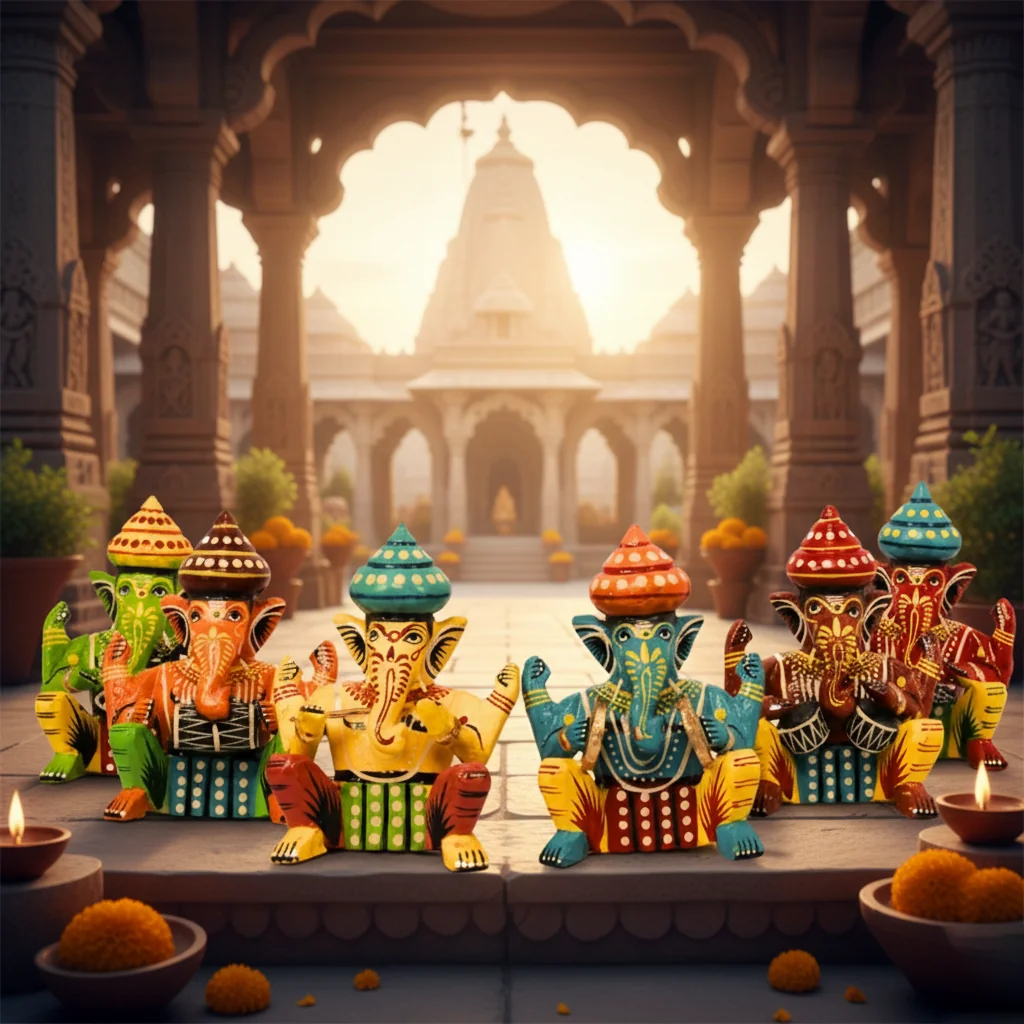 MH Decors Handcrafted Kondapalli Wooden Ganesha Musician Doll Set of 6 for Home Display