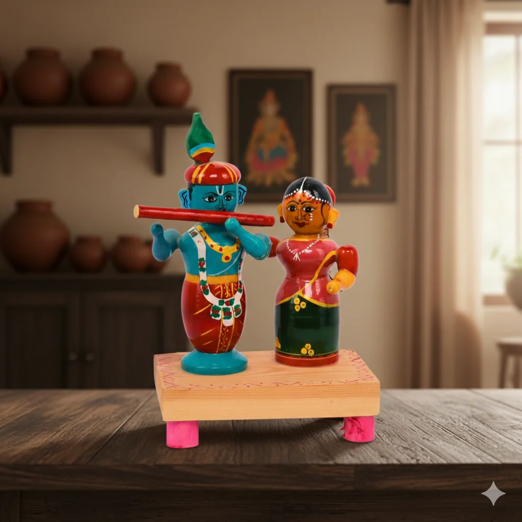 VPH Gift Store Kondapalli Wooden Radha Krishna Handcrafted Figurines for Living Room Decoration