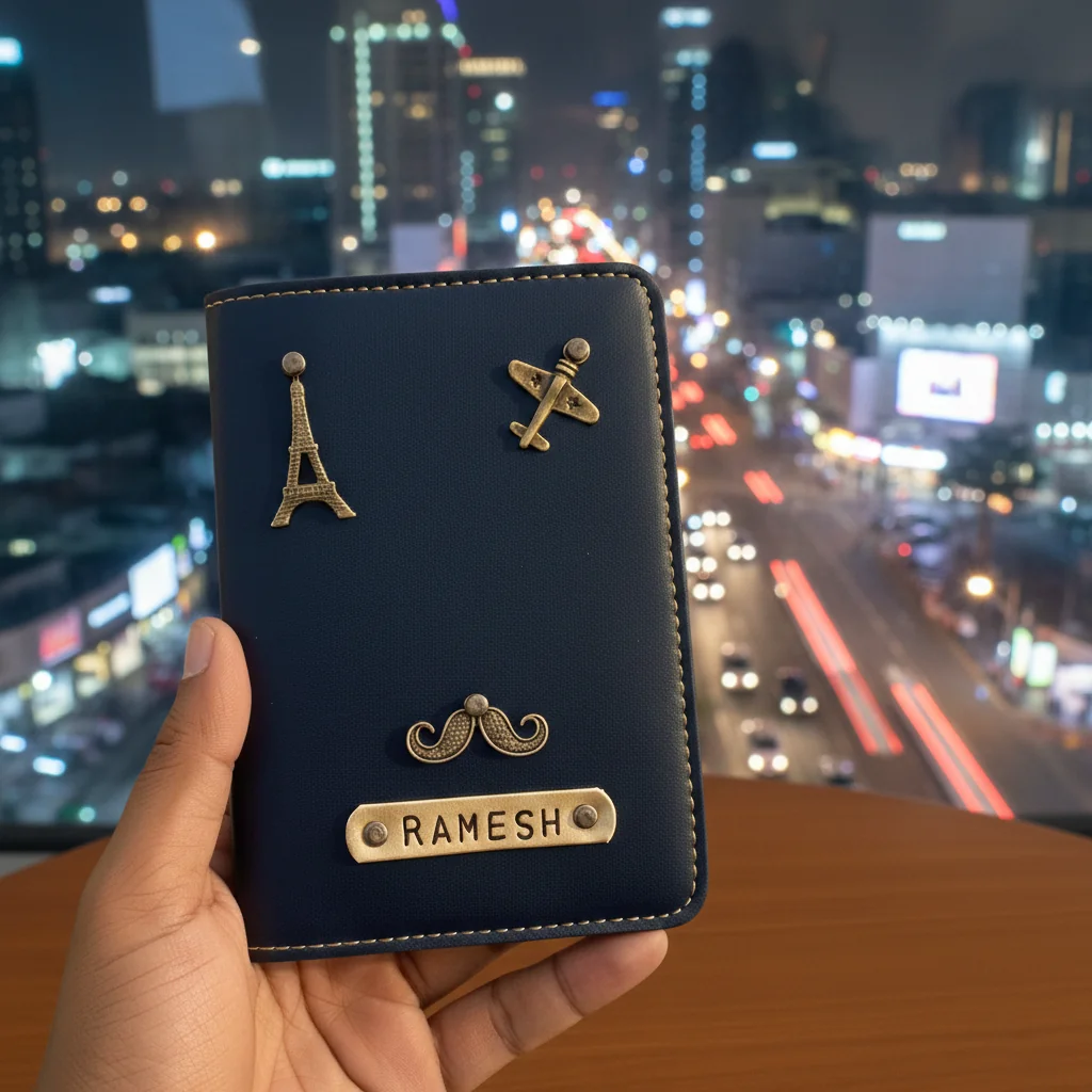 MH Decors Customizable Blue Passport Holder – Name Engraving with Charm