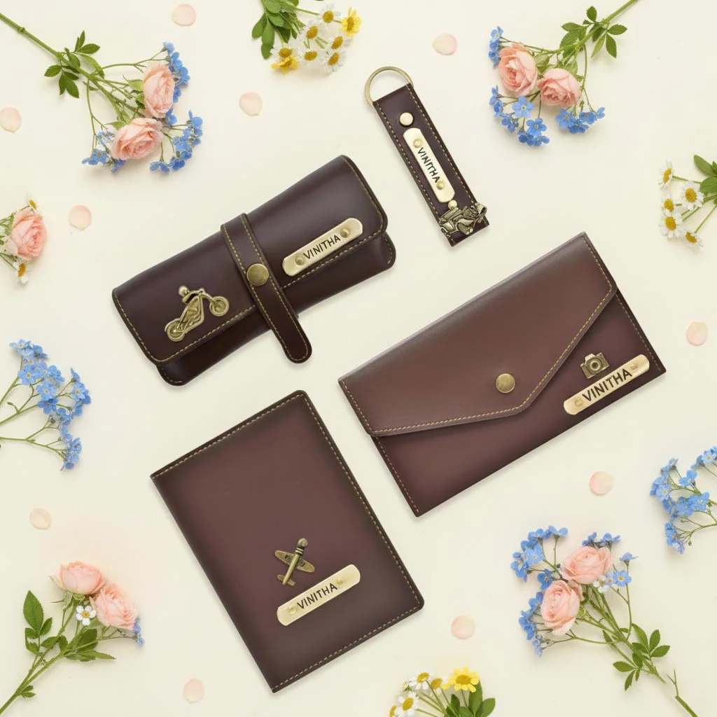 MH Decors Elegant Brown Leather Personalized Gift Set for Women