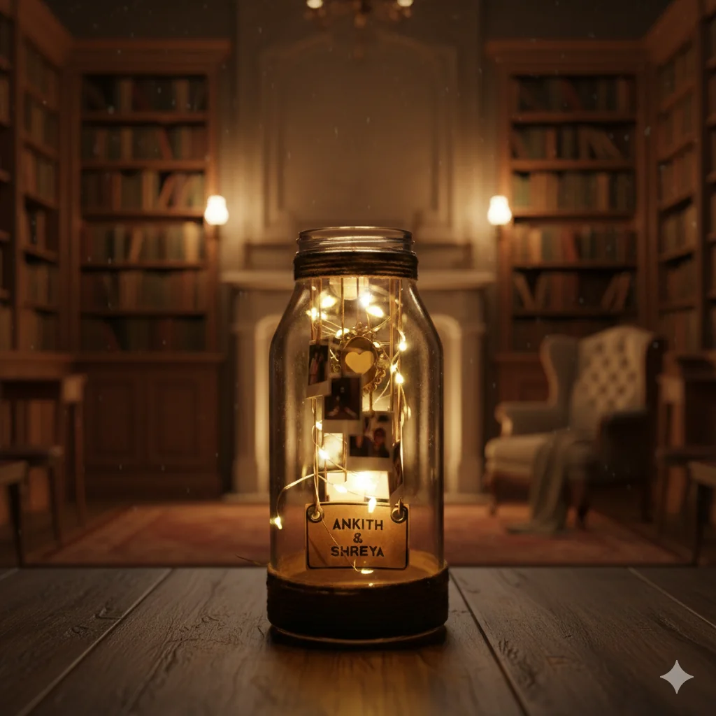 VPH Gift Store Swedish Glass Jar with Personalized Names and Tiny Polaroids LED Lights