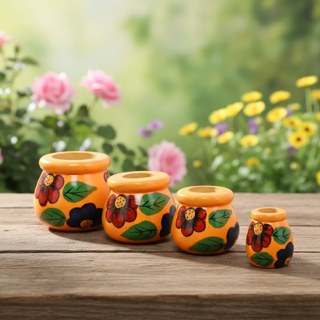 MH Decors Kondapalli Wooden Matki Set of 4 Orange for Home Decor