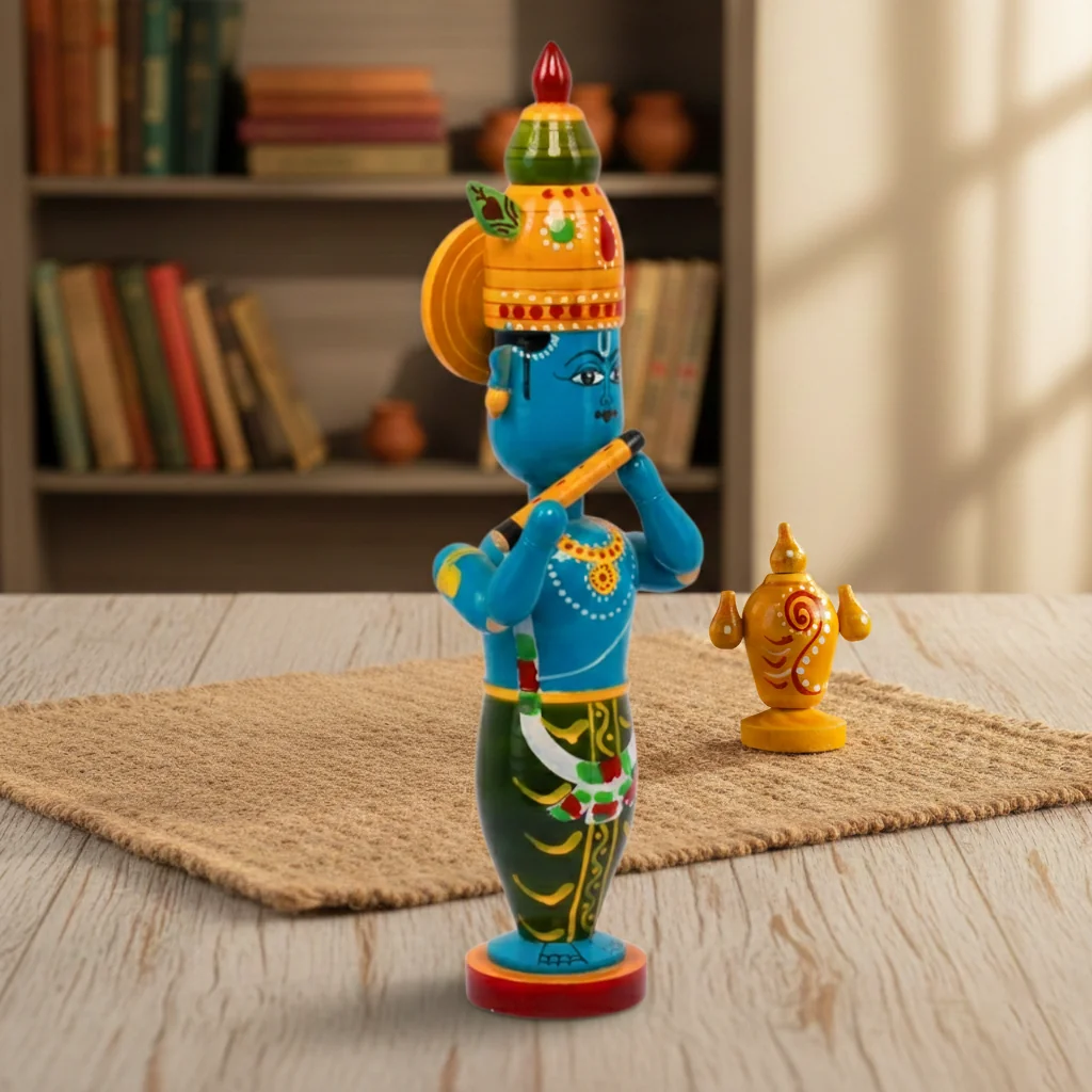 VPH Gift Store Kondapalli Wooden Lord Krishna Playing Flute Decorative Showpiece