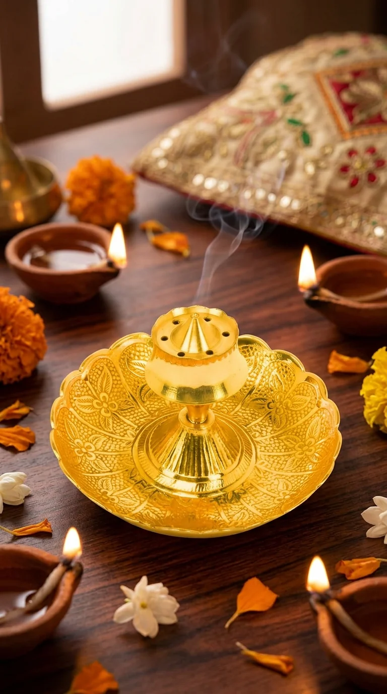 MH Decors Elegant Brass Agarbatti Stand with Center Dhoop Holder for Living Room