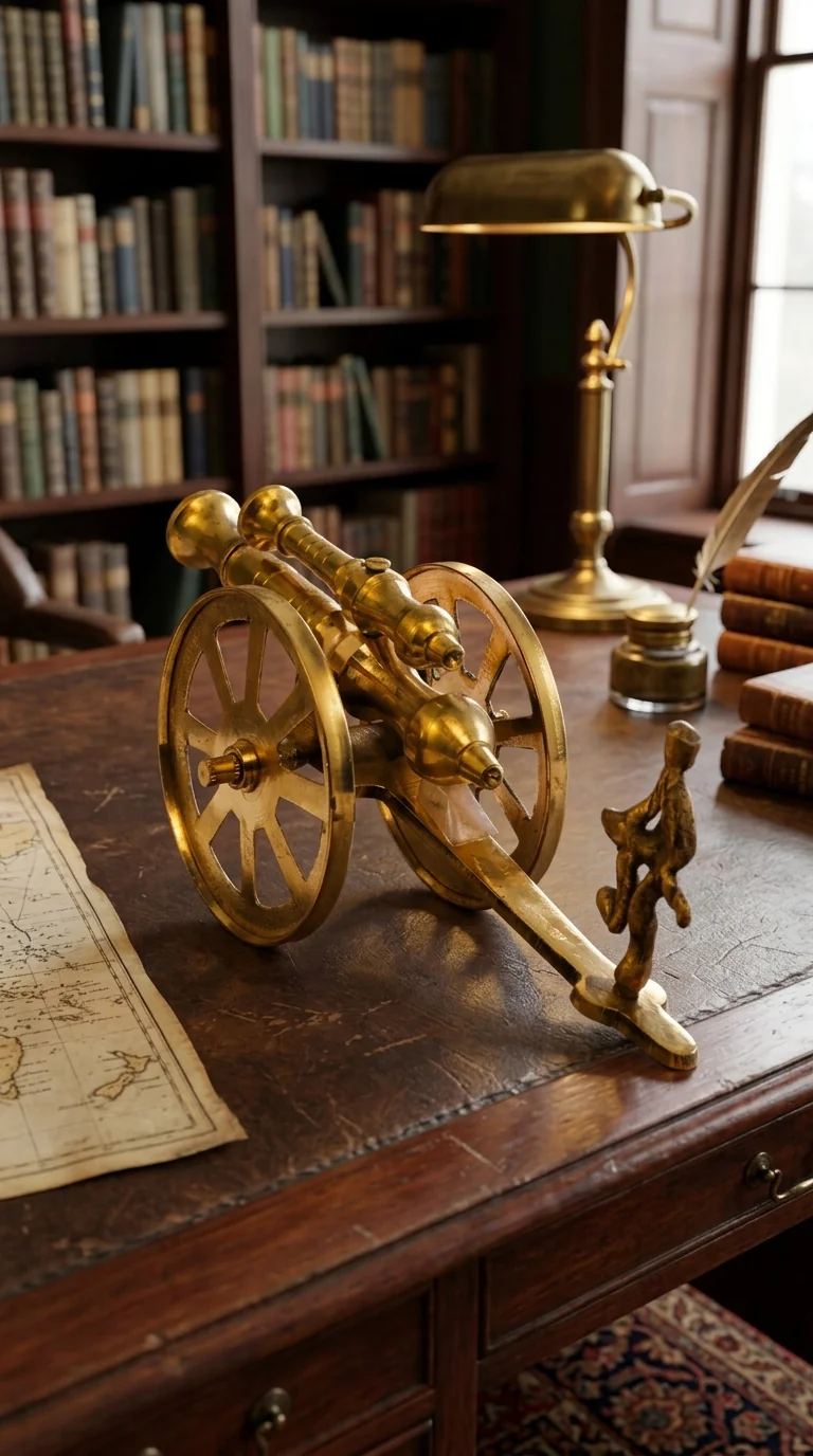 Value Gifts Brass Cannon Ball Fire with Soldier Figurine Handcrafted Desk Showpiece