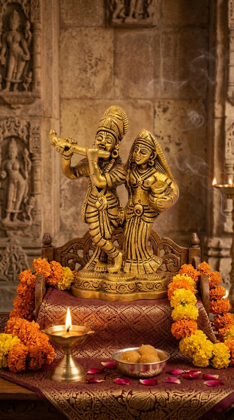 Value Gifts Decorative Brass Radha Krishna Figurine with Flute for Home and Temple