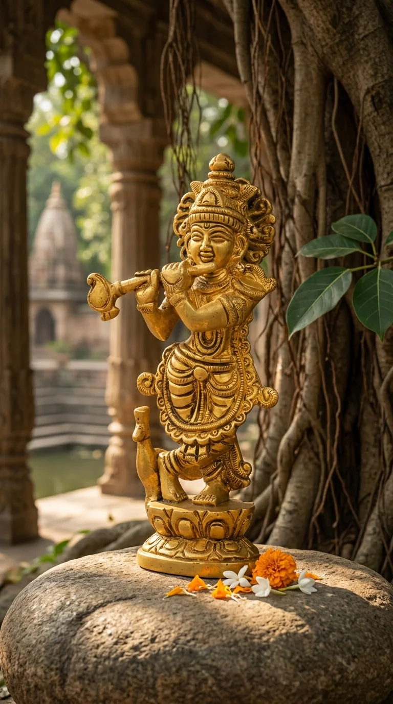 Value Gifts Brass Krishna Idol with Flute for Pooja Room, Table, and Shelf