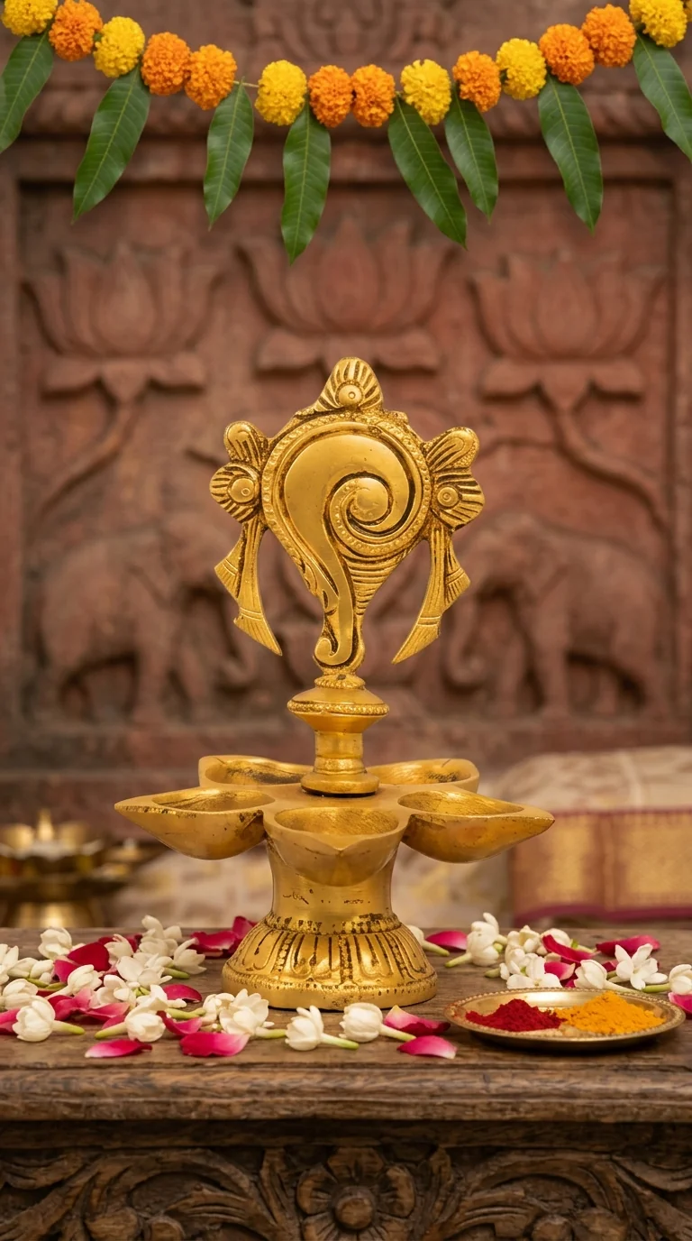 Value Gifts Brass Balaji Shanku Chakra Diya for Living Room and Pooja Room