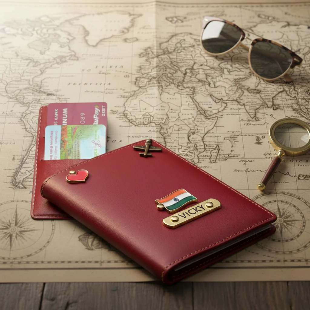 Personalized Passport Holder with Name Tag and Triple Metal Charms