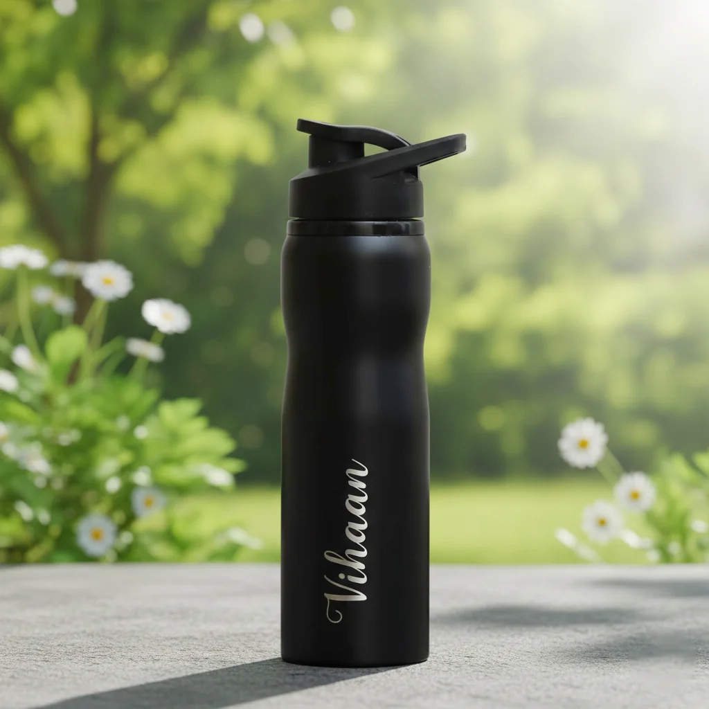 Custom Name Black Sipper Bottle – Engraved with Easy-Grip Handle