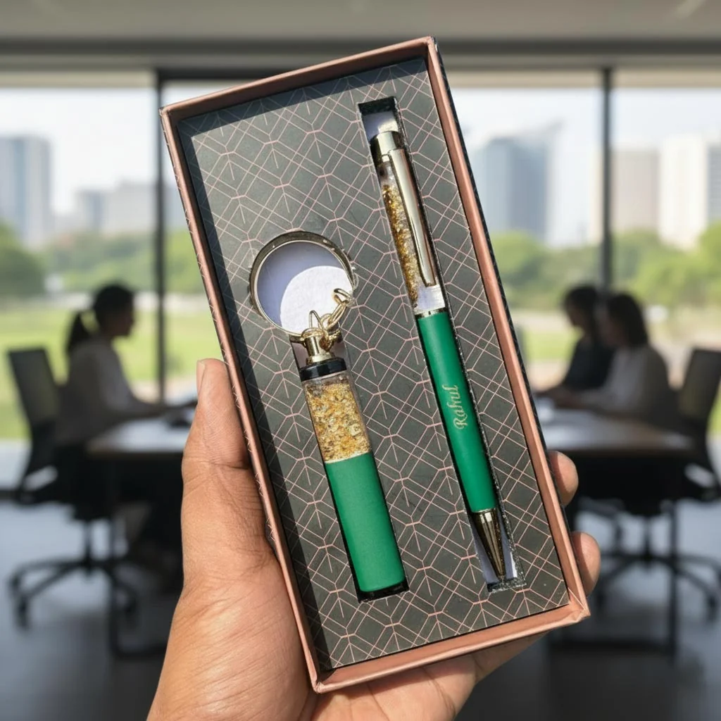 MH Decors Luxury Personalized Gift Set – Gold Flake Pen & Keychain