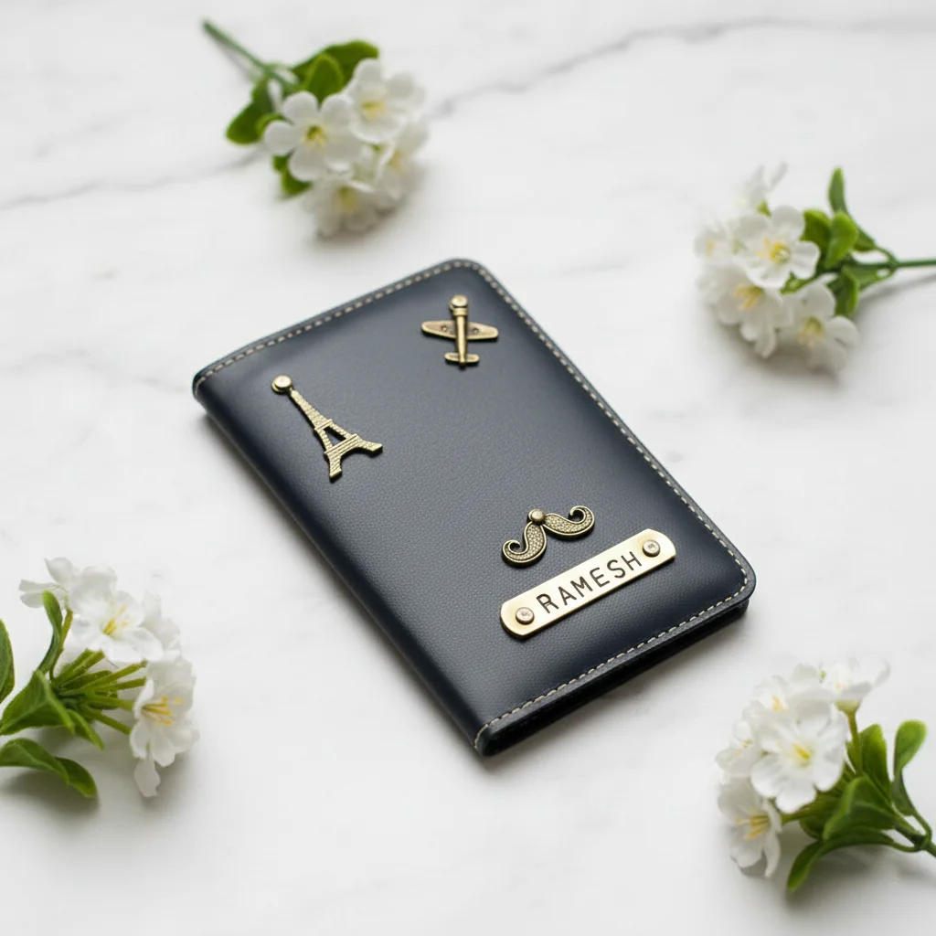 MH Decors Customizable Blue Passport Holder – Name Engraving with Charm