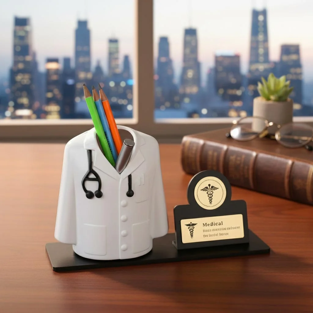 MH Decors Luxury Doctor Desk Accessory – Pen Stand with Name & Clock