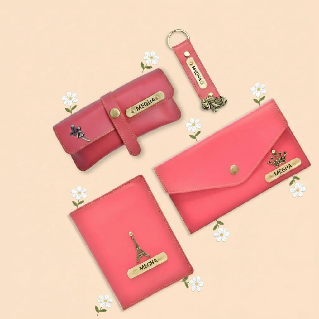 MH Decors Personalized Pink Gift Combo for Her – Wallet, Passport Cover & Accessories