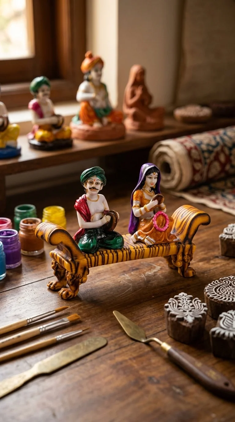 MH Decors Elegant Rajasthani Musical Couple Sitting on Cot Figurine for Home Decor