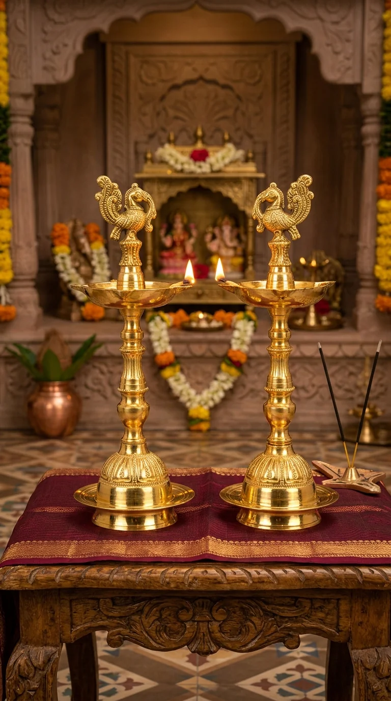 MH Decors Brass Medium Peacock Diyas Set of 2 for Temple and Home Altar Decoration