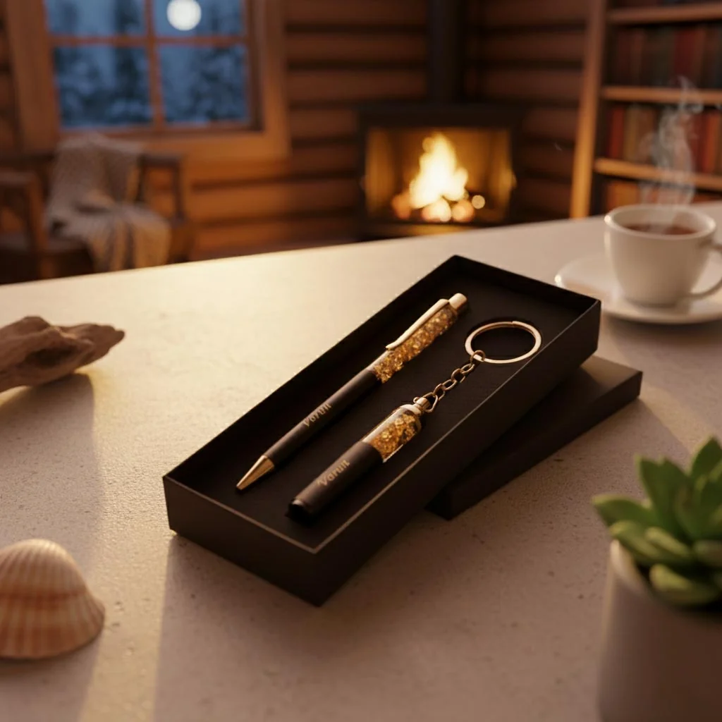Zpics Gold Flake Pen and Keychain Combo Gift Set