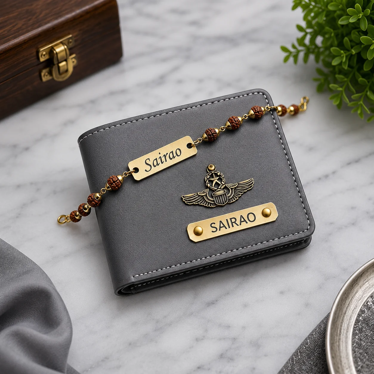 Personalized Men's Wallet (Grey) with Rudraksha Rakhi – Custom Name Engraved Gift Combo for Brother