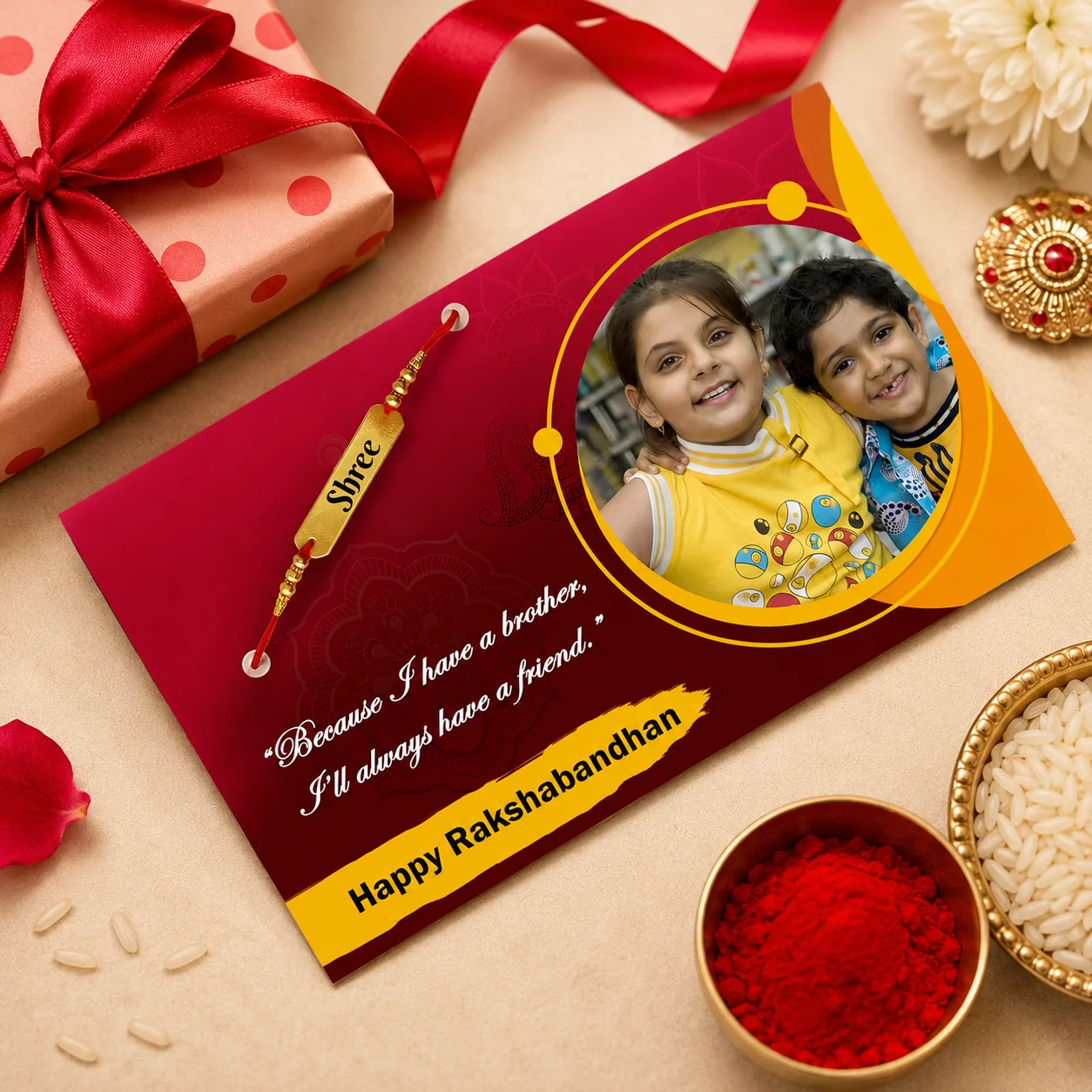 Personalized Name Leather Rakhi with Greeting Card for Brother