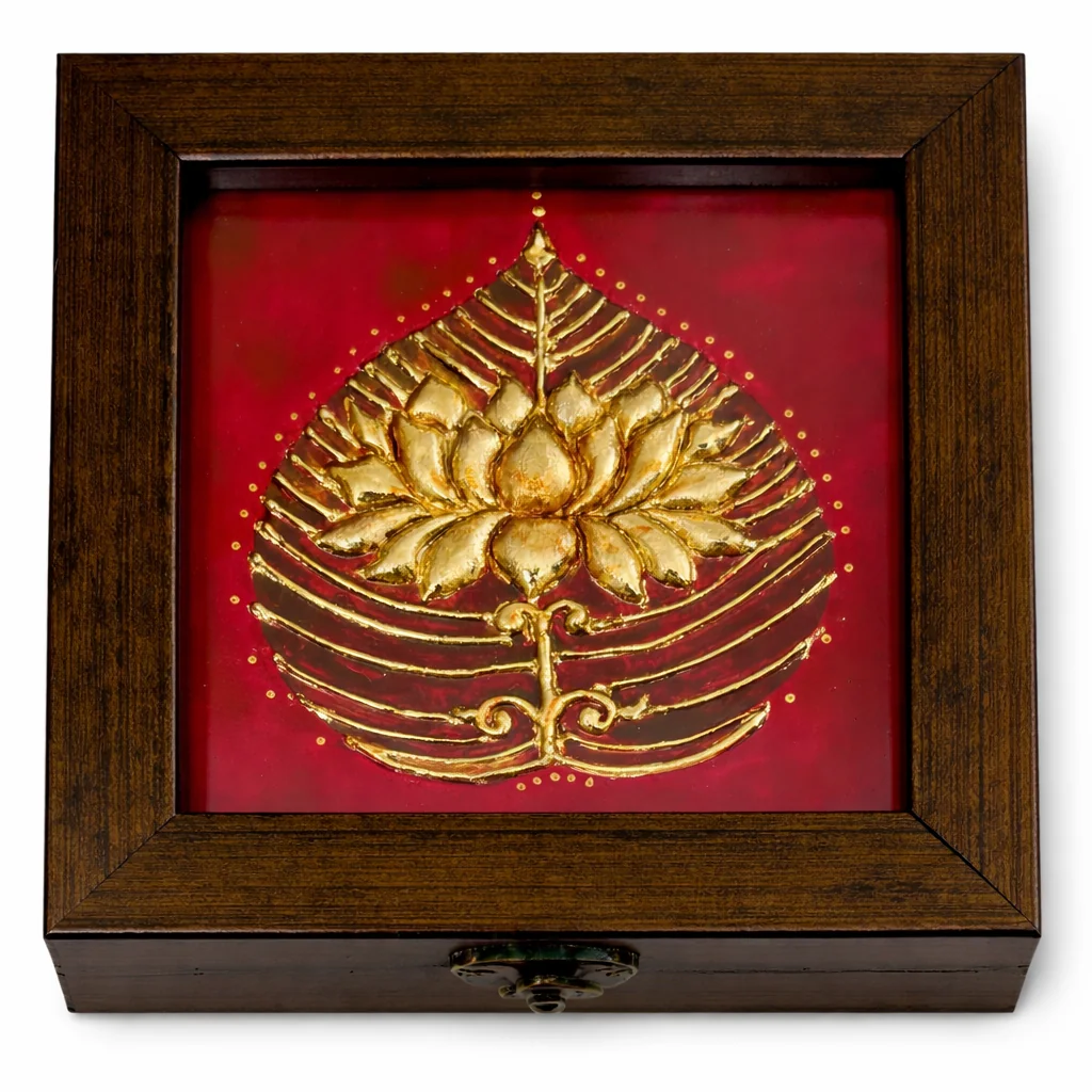 Handcrafted Tanjore Lotus Jewelry Box (5x5 Inch) – Red Gold Foil Decorative Gift Box