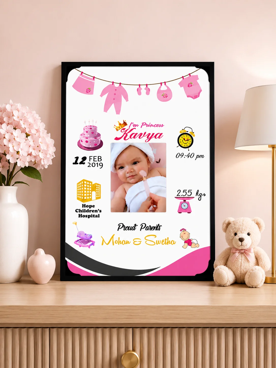MH Decors Baby Girl Memory Frame Personalized Birth Details Large Size Gift