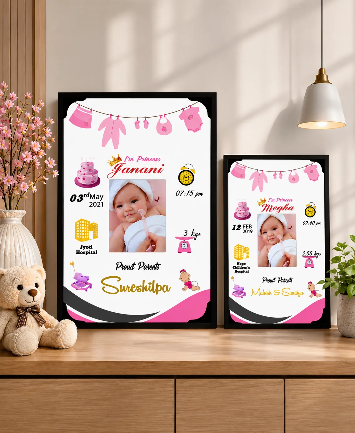 MH Decors Baby Girl Memory Frame Personalized Birth Details Large Size Gift