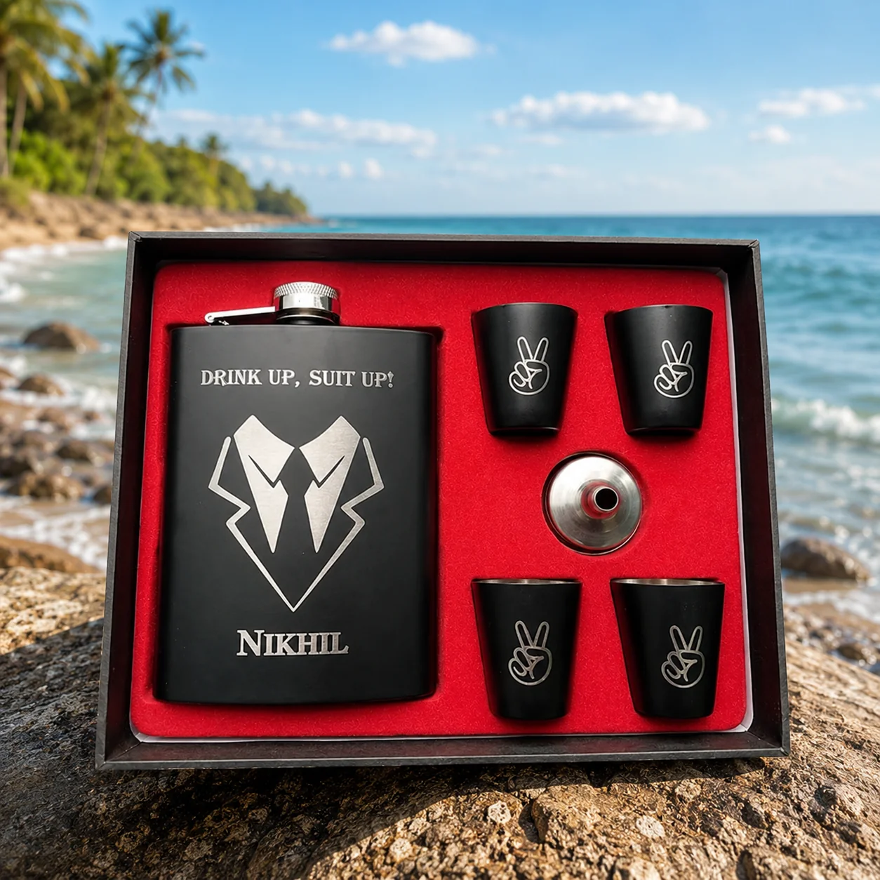 Zpics Custom Hip Flask Gift Set for Men with 4 Glasses Personalized