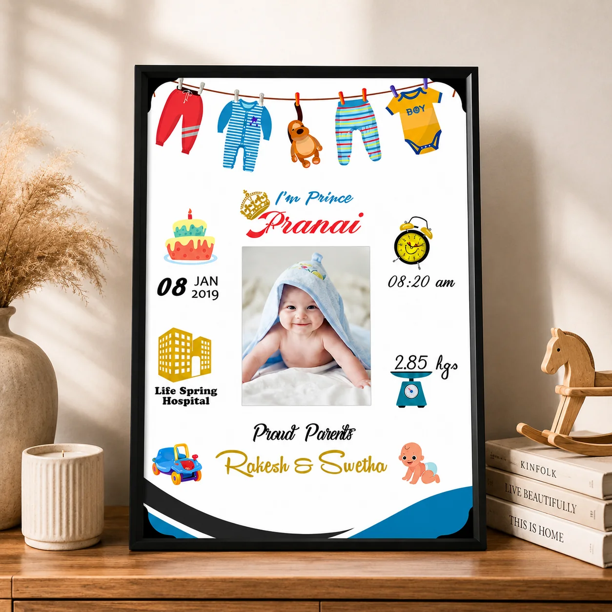 Zpics Baby Boy Birth Details Photo Frame Personalized Wooden Wall Frame Small