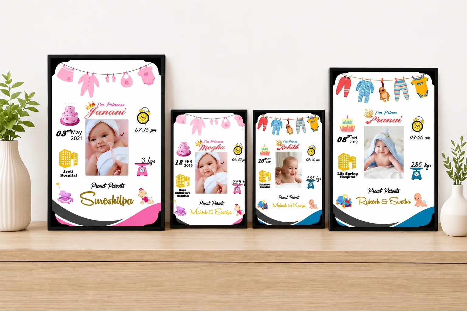 Personalized New Born Baby Photo Frame with Birth Details wall Mount(Baby Girl)Small Size A4 8x12 Inches