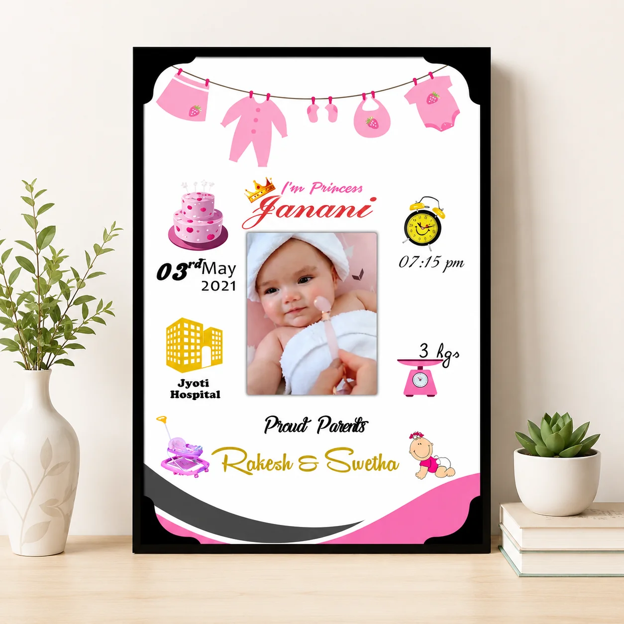Personalized New Born Baby Photo Frame with Birth Details wall Mount(Baby Girl)Large Size A3 12x18 Inches