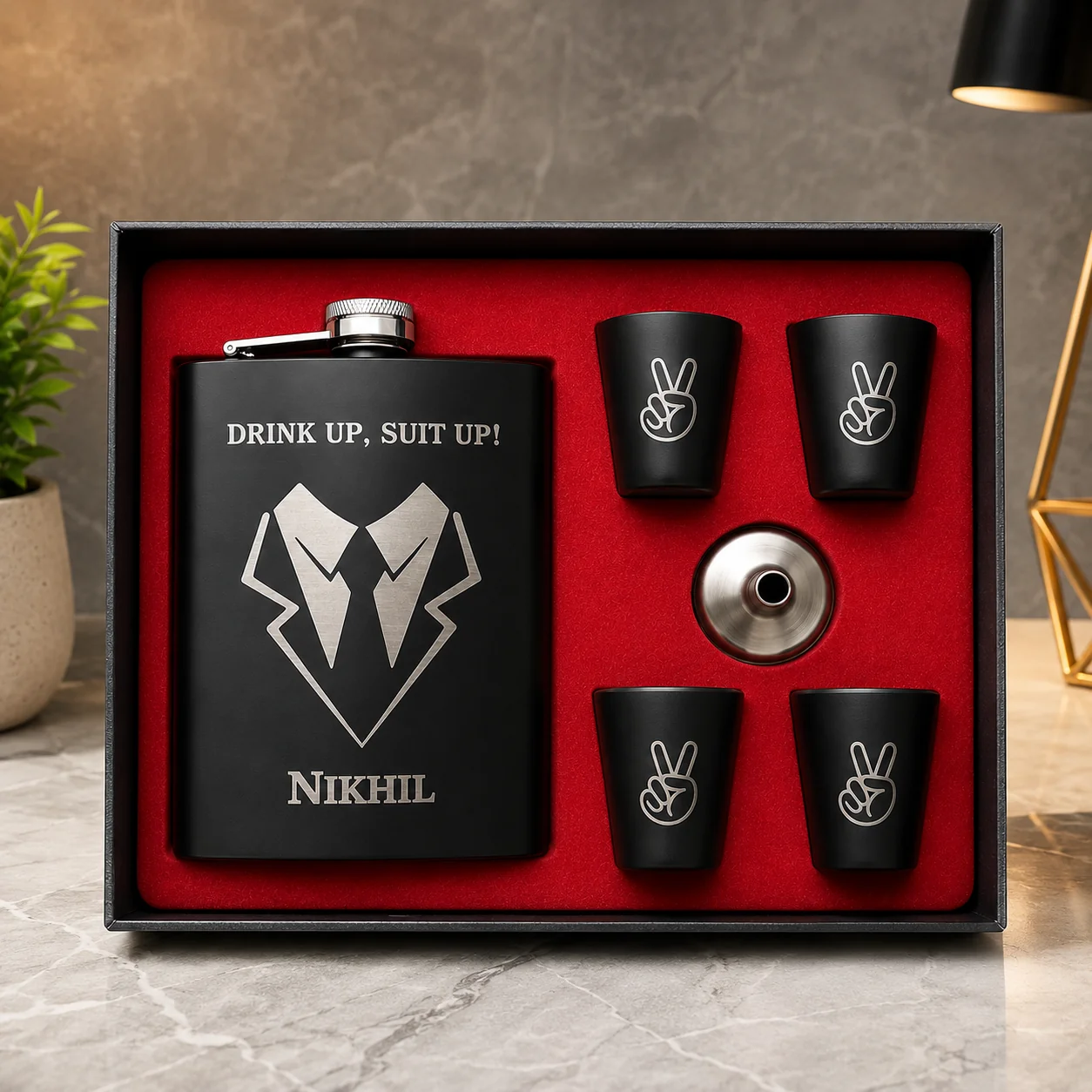 Personalized Engraved Stainless Steel Hip flask with 4 Short Glasses